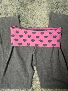 PINK Victoria's Secret Gray Leggings with Pink Heart Fold-Over Waistband